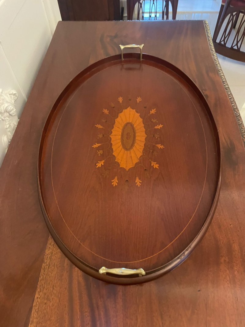 Antique Edwardian Quality Mahogany Inlaid Oval Tea Tray - Image 3